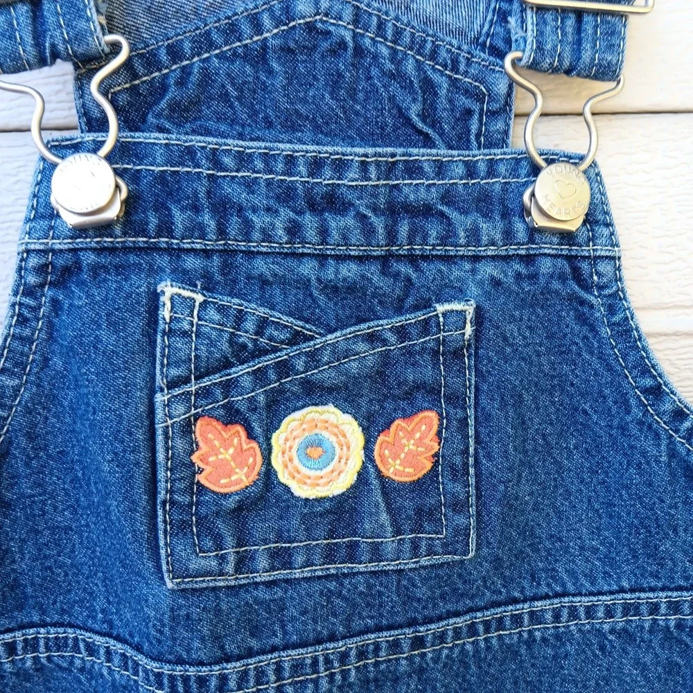 VTG Y2K Young Hearts Girls 3T Denim Jumper Dress‎ Embroidered Floral Cottagecore